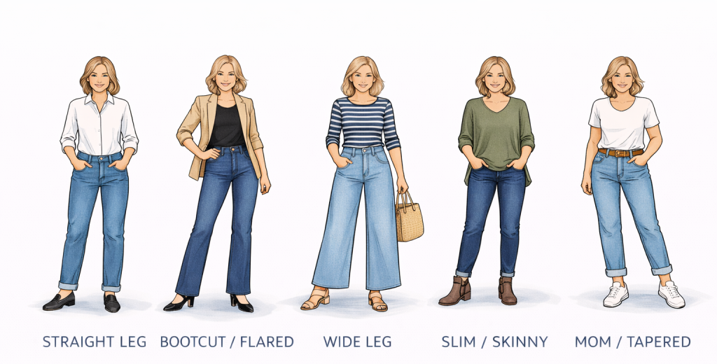 Illustration of different styles of jeans